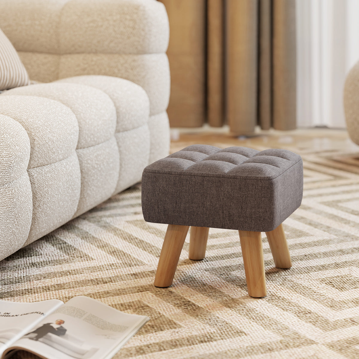 Repose pied salon ottoman siège rembourré en tissu avec pieds en bois 27 x 27 x 26 cm gris-1