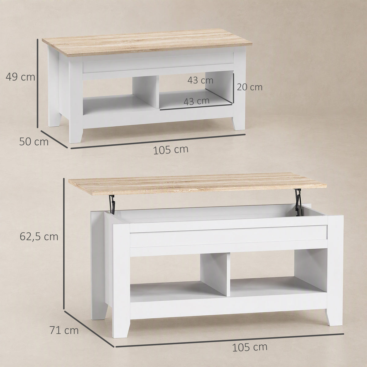 Table basse plateau relevable, table de salon avec étagères et compartiment caché,105 x 50 x 49-62,5 cm blanc-2