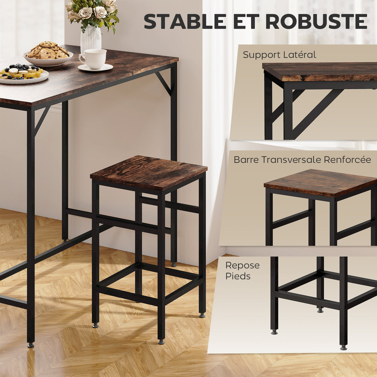 Ensemble table de bar industriel + 4 tabourets repose-pieds en bois couleur chêne cadre en métal noir-4