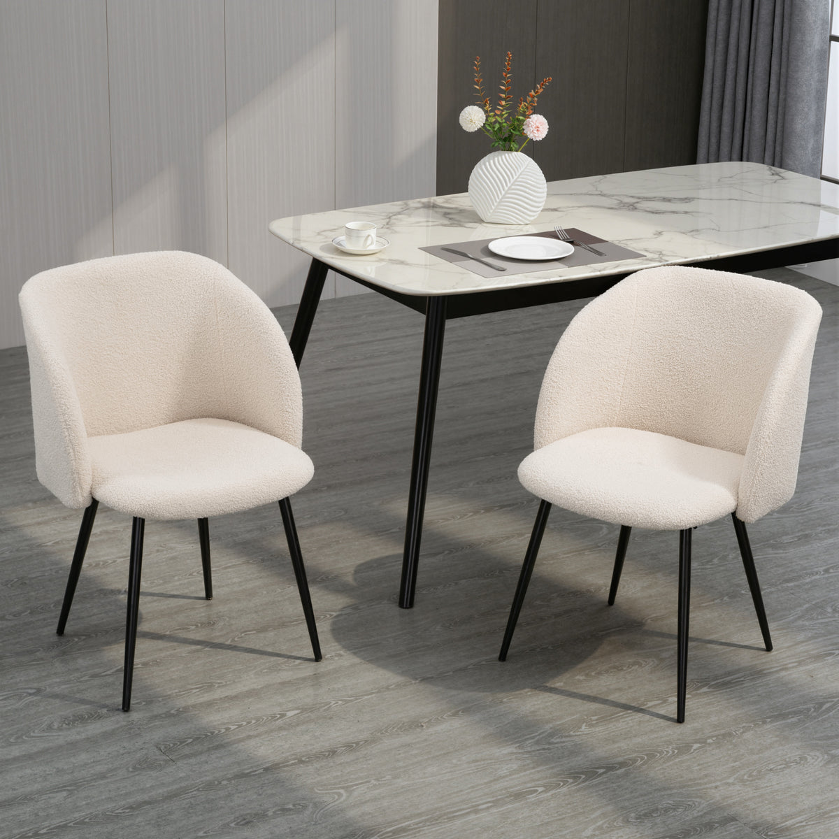 Lot de 2 chaises de salle à manger avec dossier en tissu effet laine boucleé pieds en acier 55 x 62 x 80 cm beige noir-9