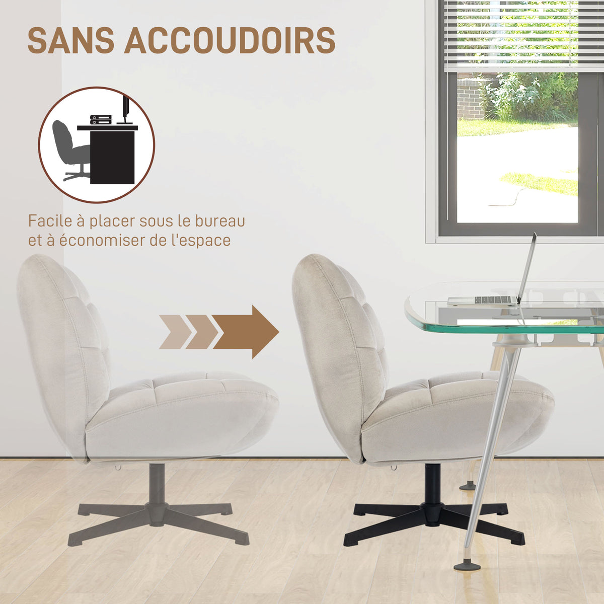 Fauteuil de salon pivotant, chaise rembourrée en chenille sans accoudoirs, assise et dossier larges, 70x80x82cm, crème-5