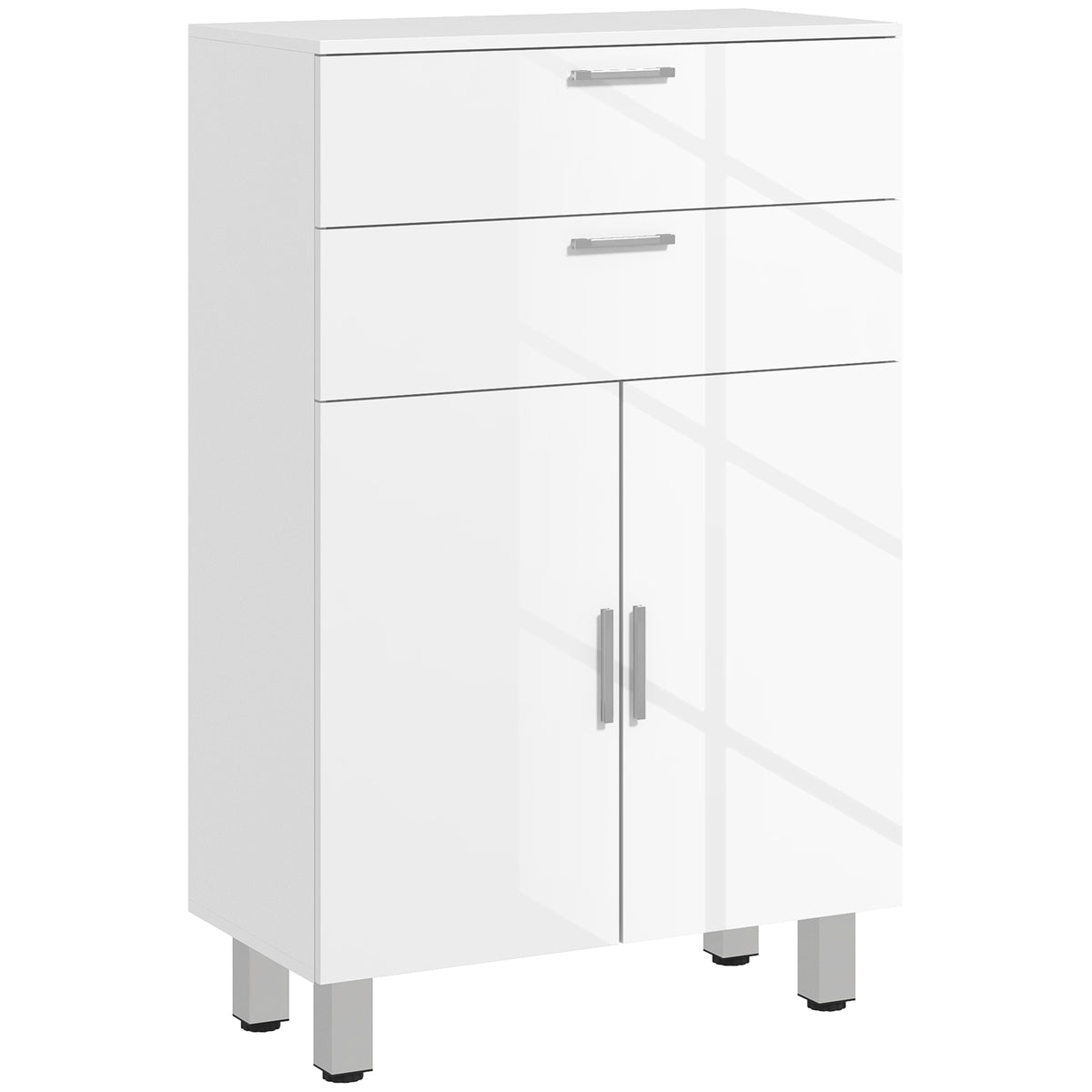 Meuble de salle de bain avec 2 tiroirs placard à double porte et étagères réglables 60 x 30 x 93 cm blanc brillant-0
