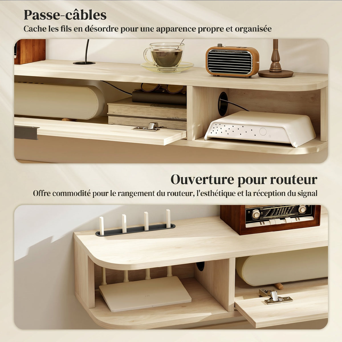 Meuble TV suspendu, meuble télé pour téléviseur jusqu'à 60 pouces, tiroir rabattable 2 étagères 140x24x16cm bois naturel-5