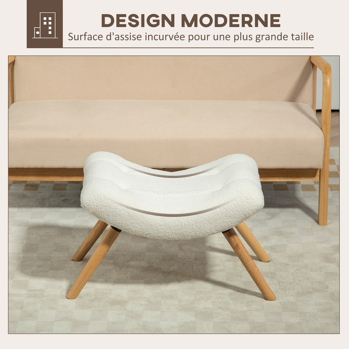 Repose pied salon ottoman pouf salon tabouret de canapé en tissu avec pieds en bois d'hévéa, siège rembourré, crème-3