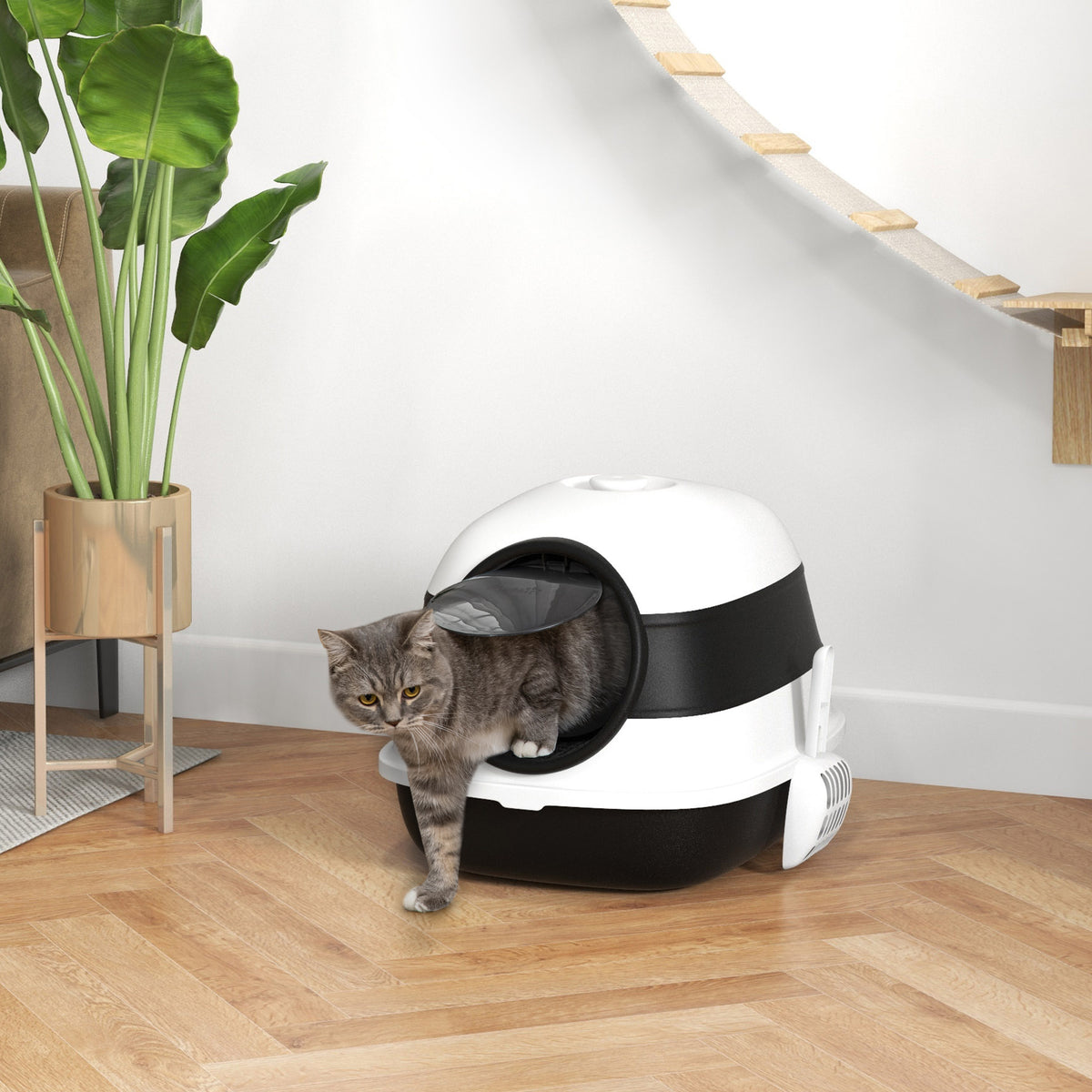 bac à litière pour chat pliable porte battante lucarne + pelle fournis noir blanc-1