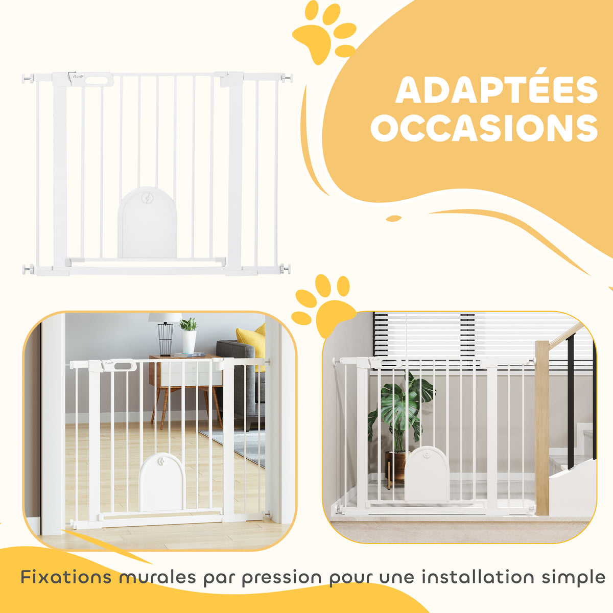 Barrière de sécurité animaux avec porte fermeture automatique système de double verrouillage, acier blanc-7