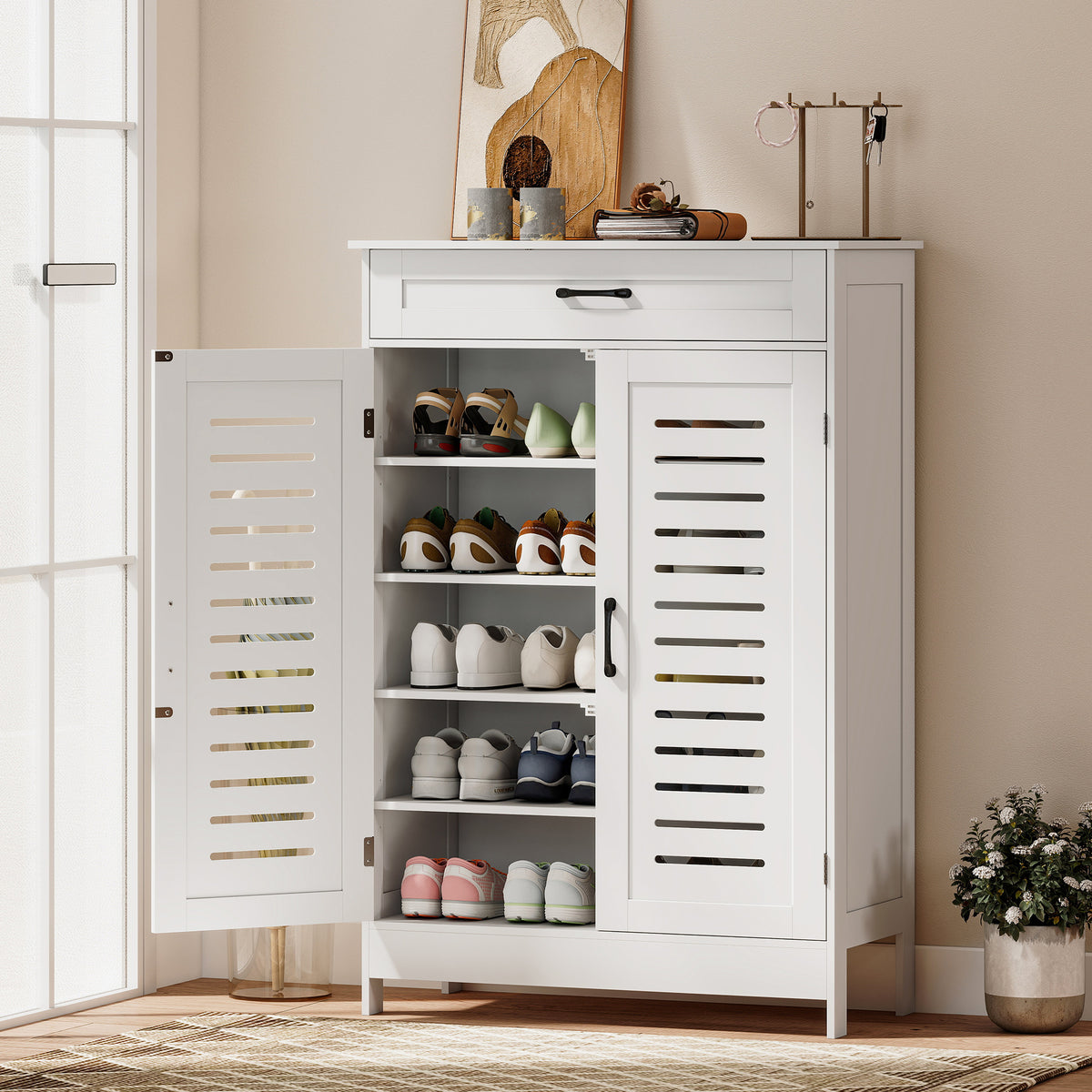 Meuble à chaussures 20 paires, armoire à chaussures avec 2 portes persiennes, tiroir et étagères réglables, blanc-1