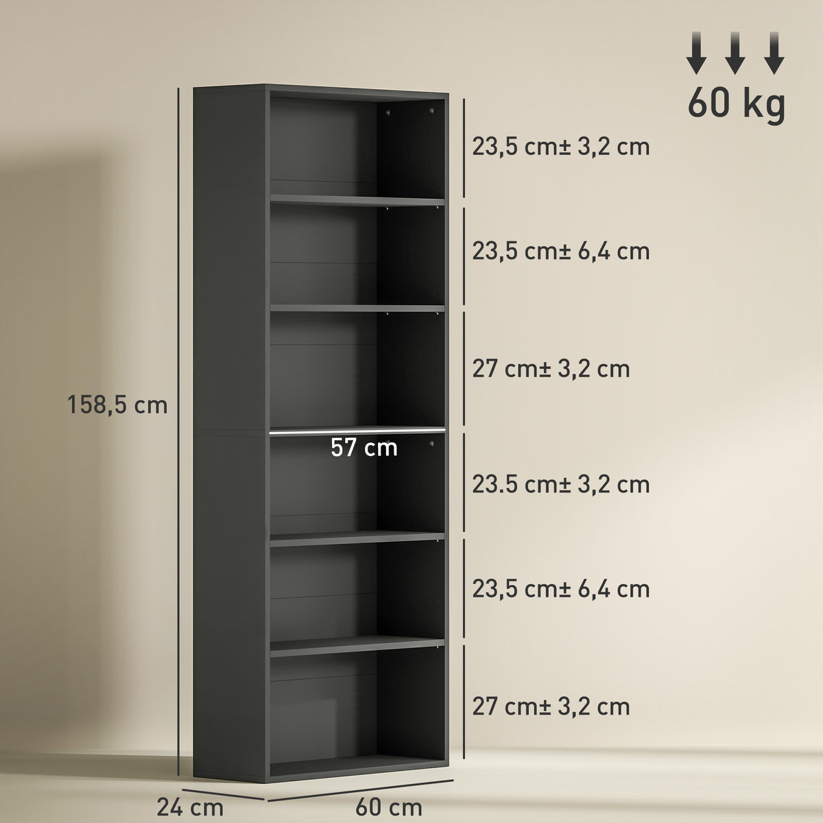 Bibliothèque étagère de rangement 6 niveaux avec étagères réglables pour salon, chambre, bureau, 60x24x158,5cm, noir-2