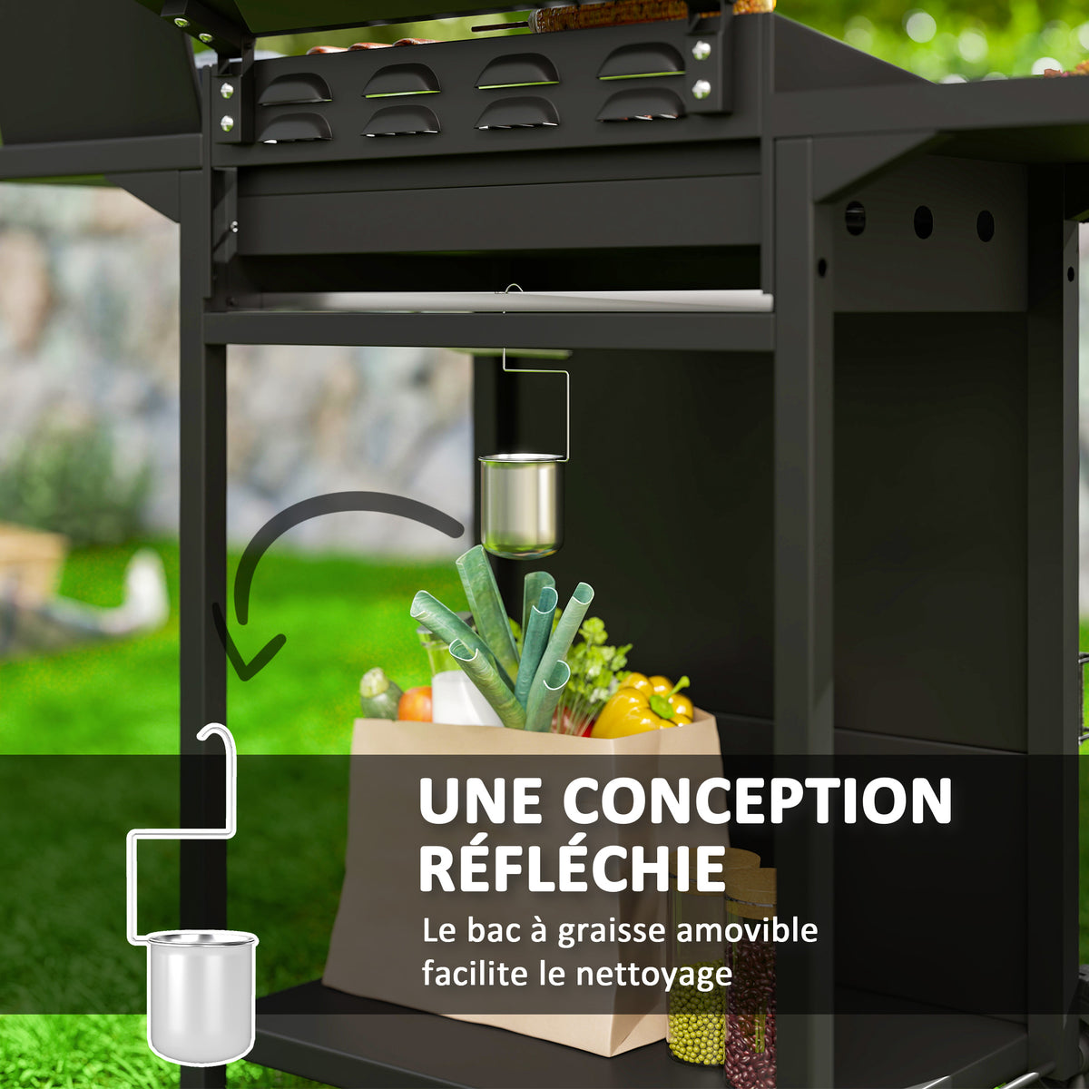Barbecue gaz 3+1 brûleurs en acier, puissance 9,5 kW, barbecue de jardin 2 grilles étagères latérales, 2 roues, noir-6