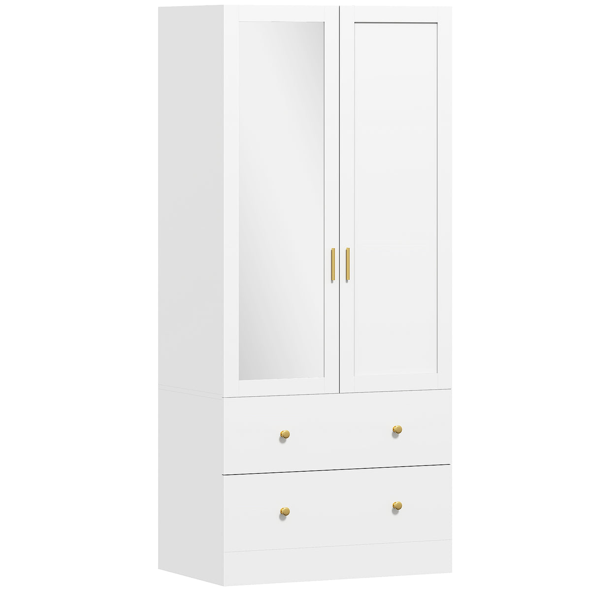 Armoire chambre penderie avec miroir, 2 portes, 2 tiroirs et barre de suspension, 80 x 50 x 180 cm, blanc-0