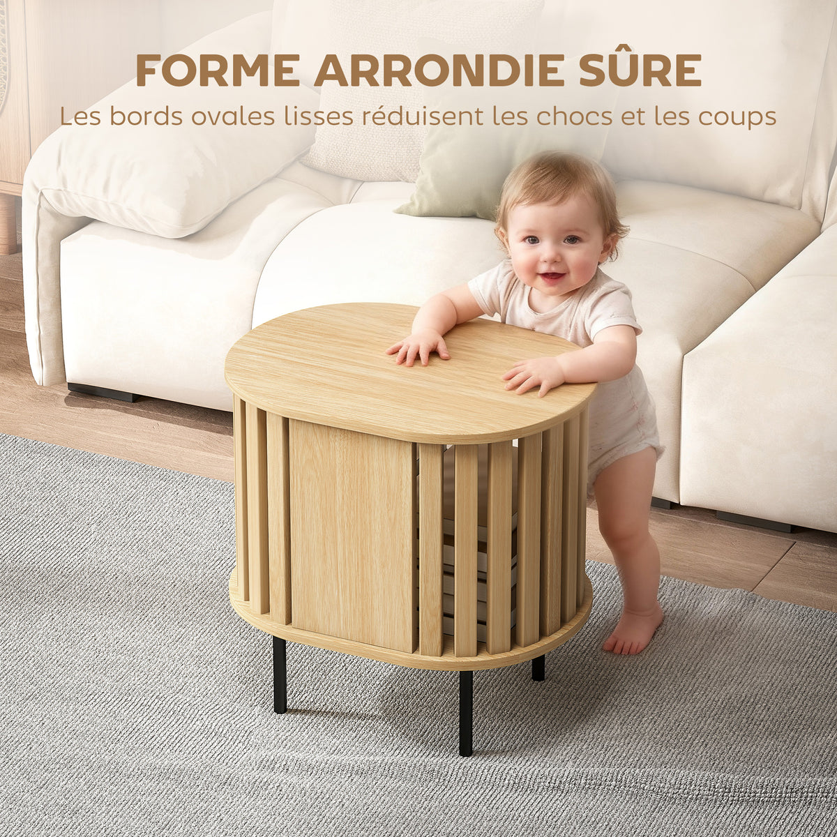 Table d'appoint ovale bout de canapé rangement ouvert pieds en acier design à lattes 50x39x50cm effet bois naturel-4