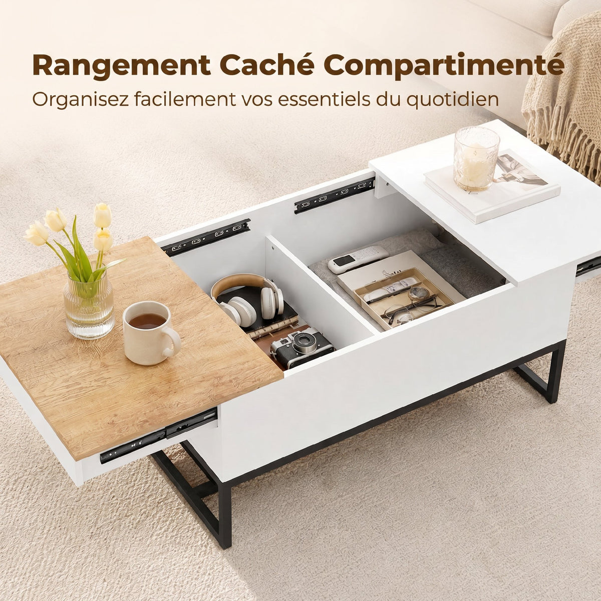 Table Basse Extensible avec Plateau Coulissant, Table de Salon avec Rangement Caché et Pieds en Acier, Blanc-4