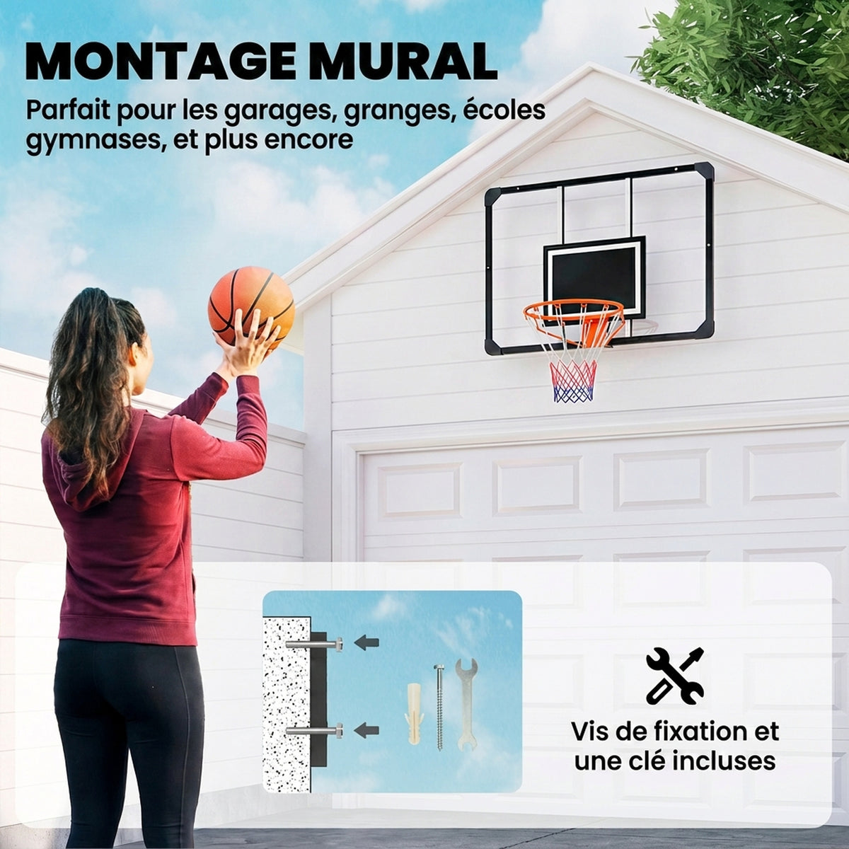 Panier de basket mural, panier basket, avec vis de montage et clé, pour extérieur, noir, transparent, orange-3