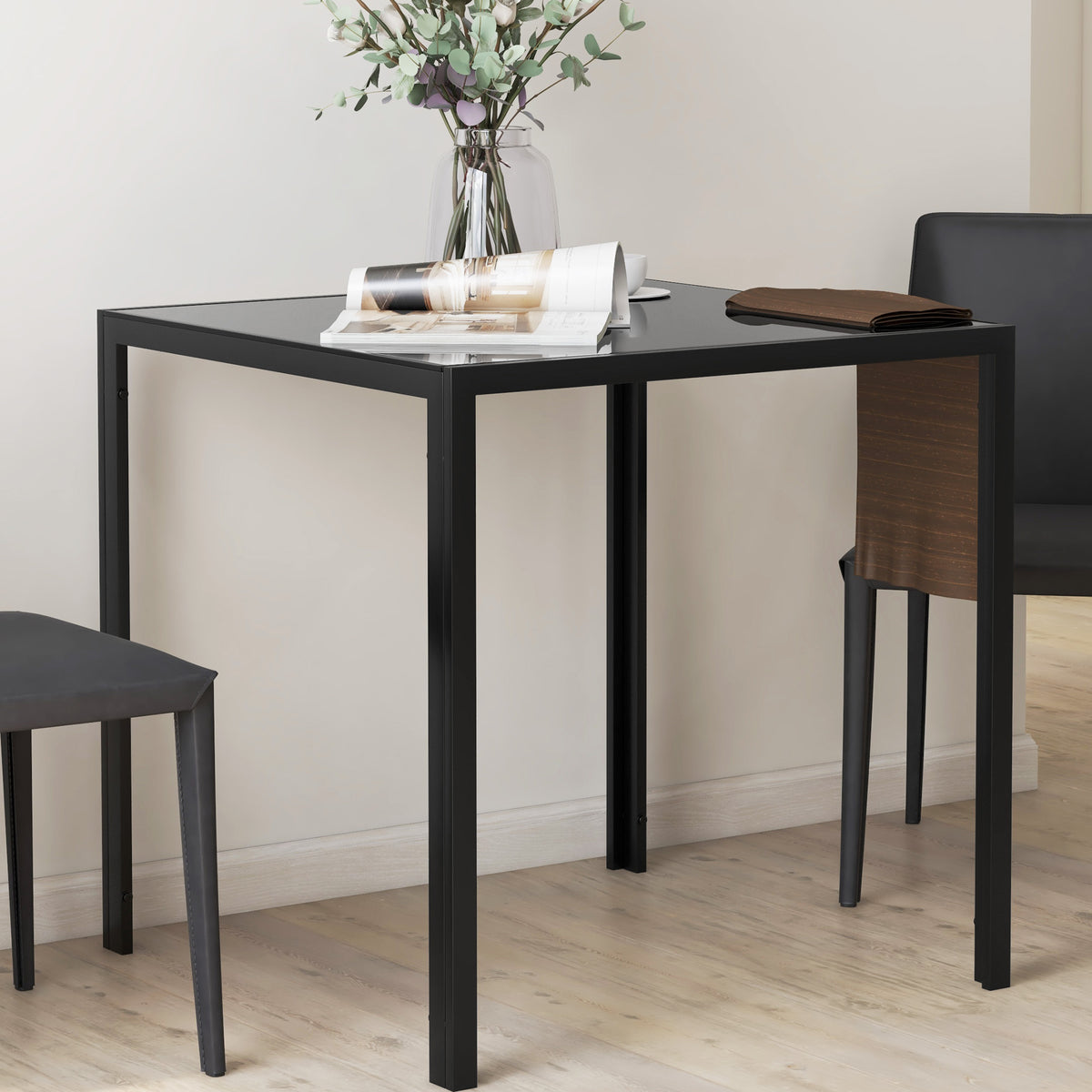 Table à manger pour 4 personnes, table de cuisine avec plateau en verre trempé et pieds en acier, 75 x 75 x 75 cm, noir-8