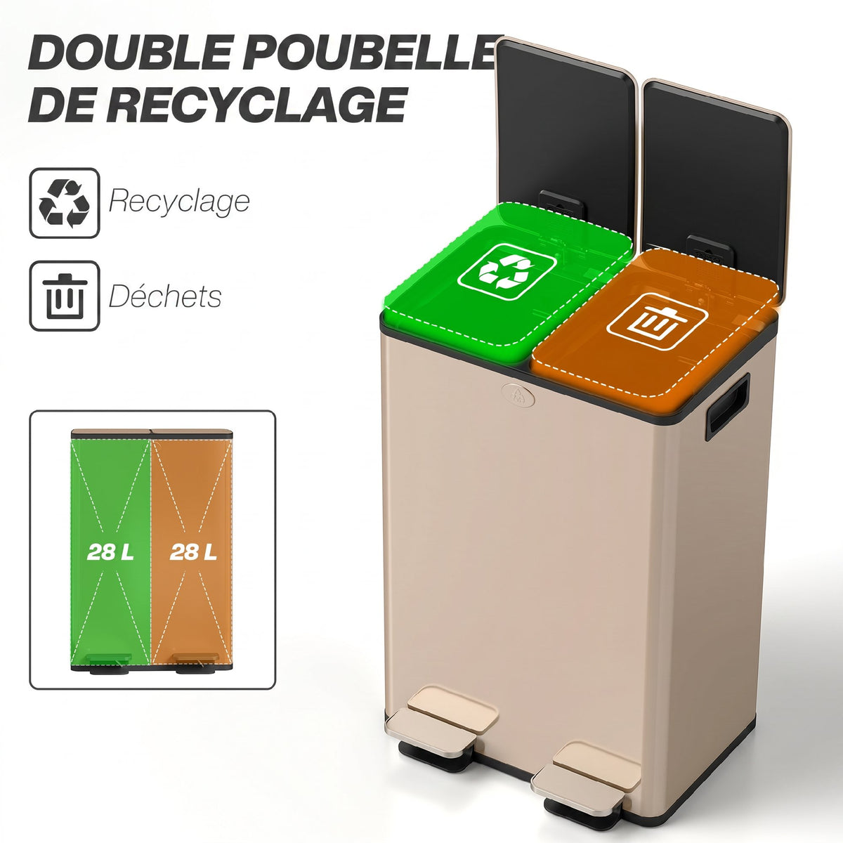 Poubelle de cuisine 2 compartiments de 2 x 28L, acier inoxydable, couvercle à fermeture douce, 45,8x36x67,6cm, or-3