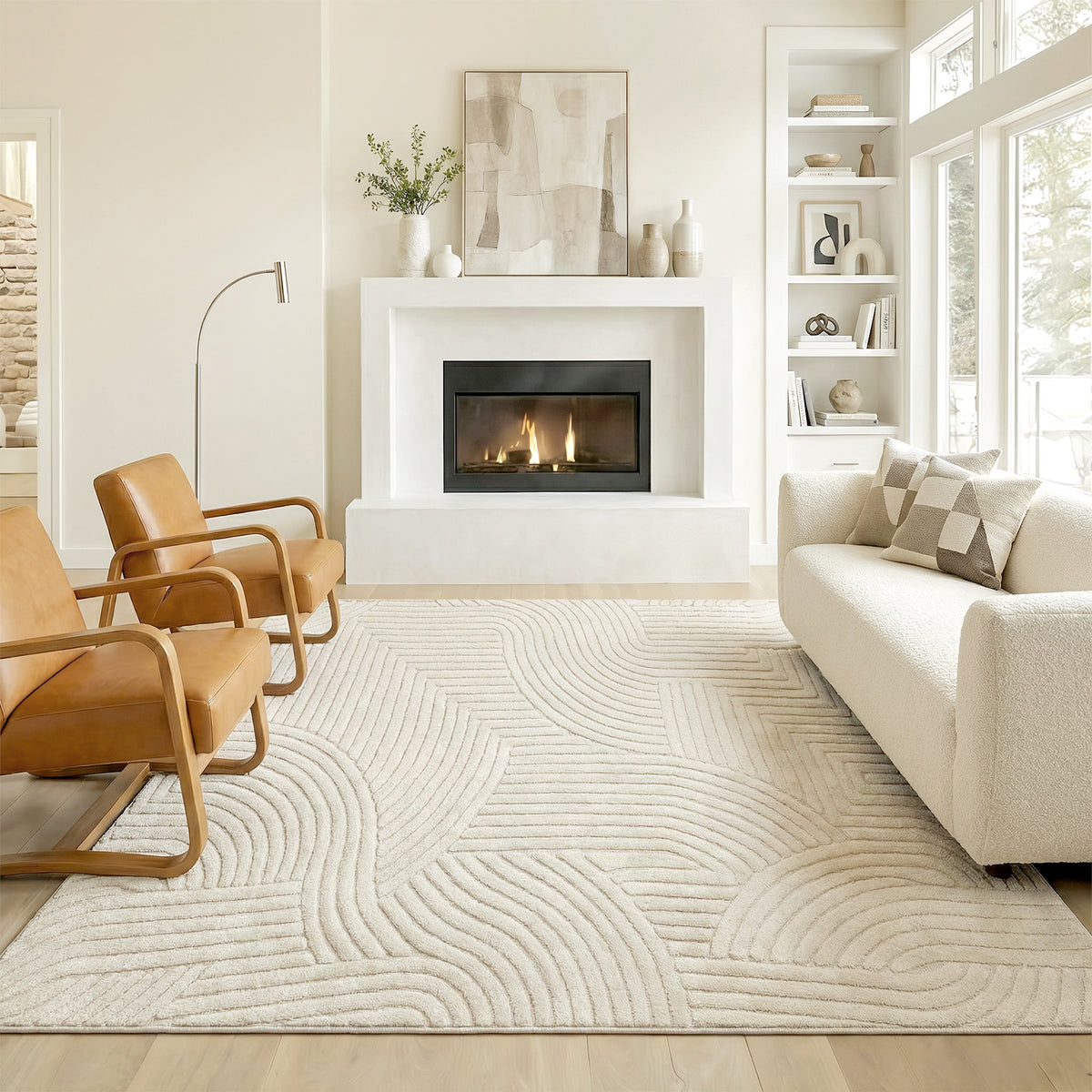 Tapis salon 200 x 140 cm, tapis à poils épais géométrique, moelleux et antidérapant, crème-1