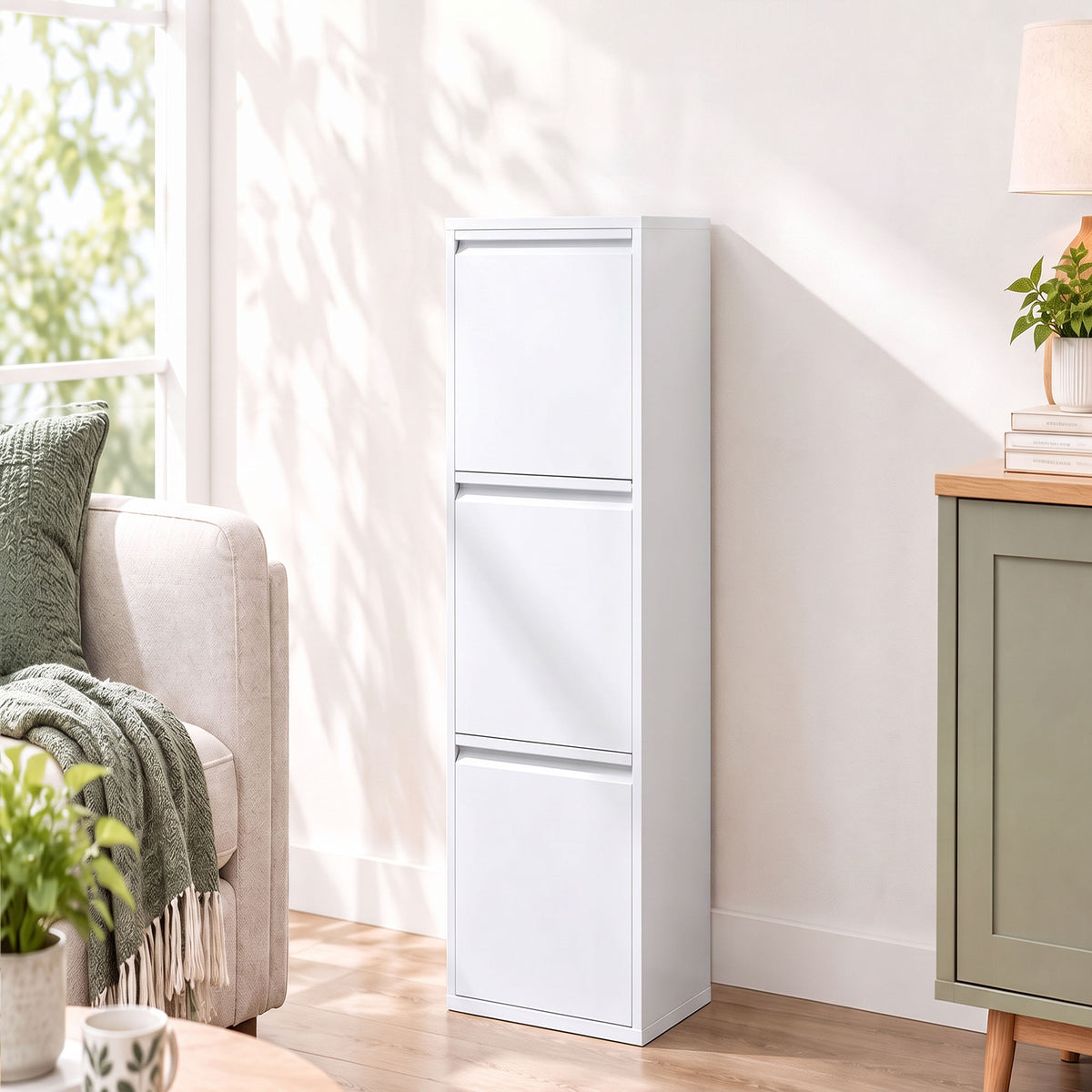 Meuble Poubelle de Tri Sélectif, Poubelle de Recyclage 45 L (3 x 15 L), 3 Compartiments, Portes à Fermeture Douce, Blanc-1