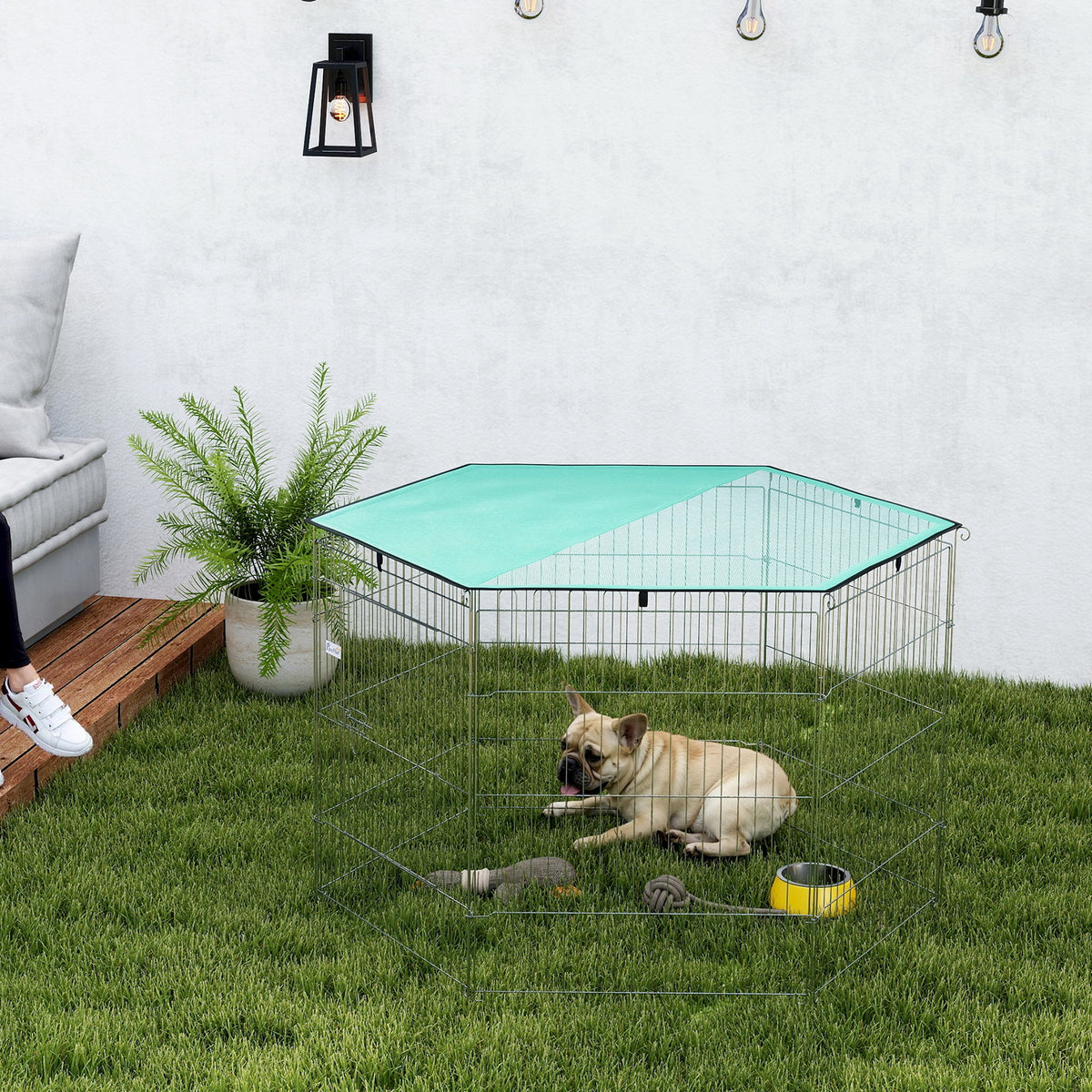 Parc pour chien, enclos chien 6 panneaux avec toit, modulable et pliable, enclos portable 76H cm avec porte argent vert-9