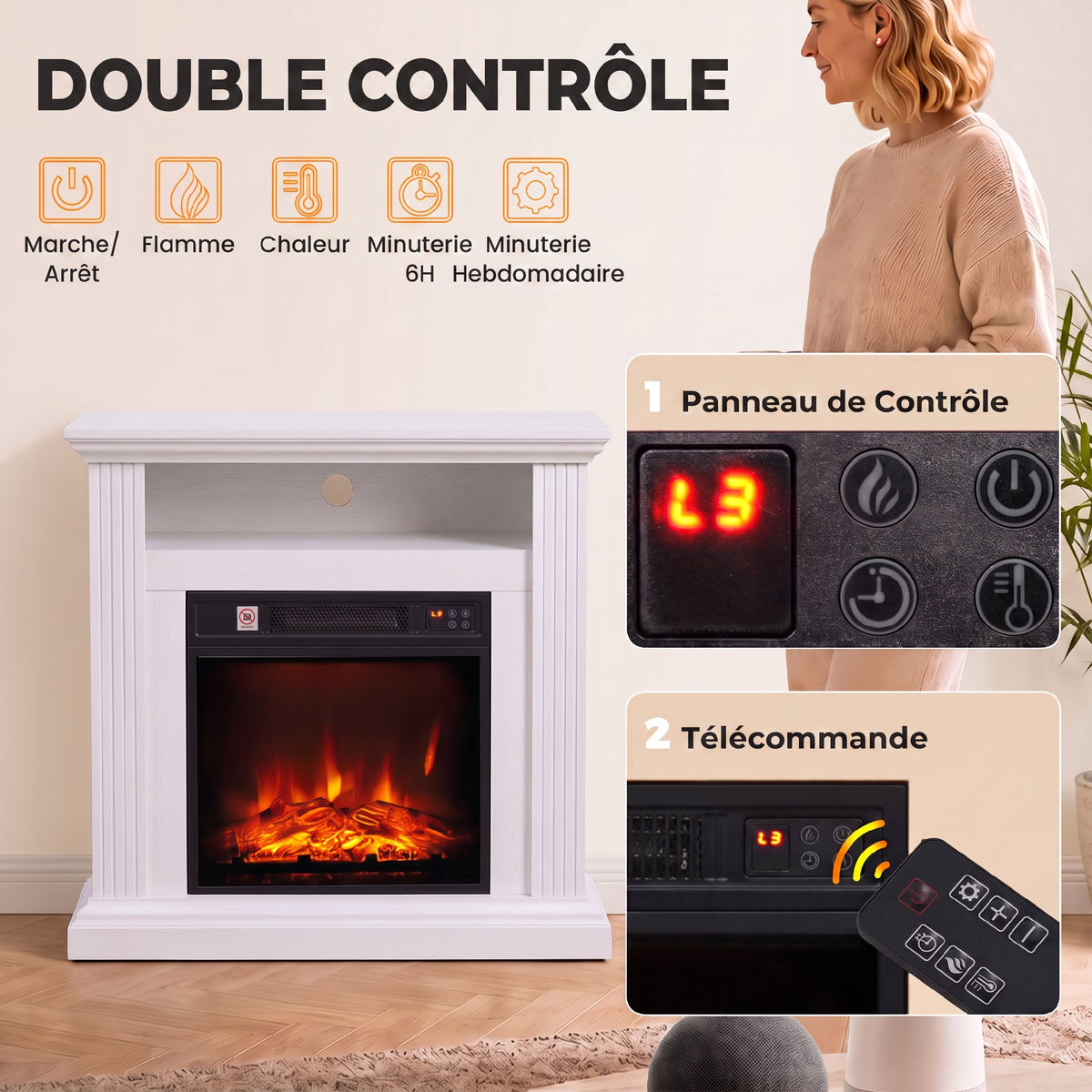 Cheminée Électrique 1800 W, Effet Flamme à 3 Niveaux de Luminosité, Fausse Cheminée avec Manteau, Effet Bois Blanc-4