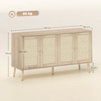 Buffet salon meuble de rangement placards à portes en cannage et étagère réglable 140 x 40 x 75 cm effet bois naturel-2