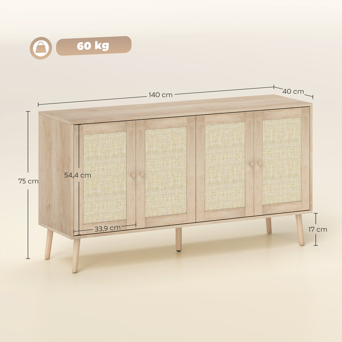 Buffet salon meuble de rangement placards à portes en cannage et étagère réglable 140 x 40 x 75 cm effet bois naturel-2
