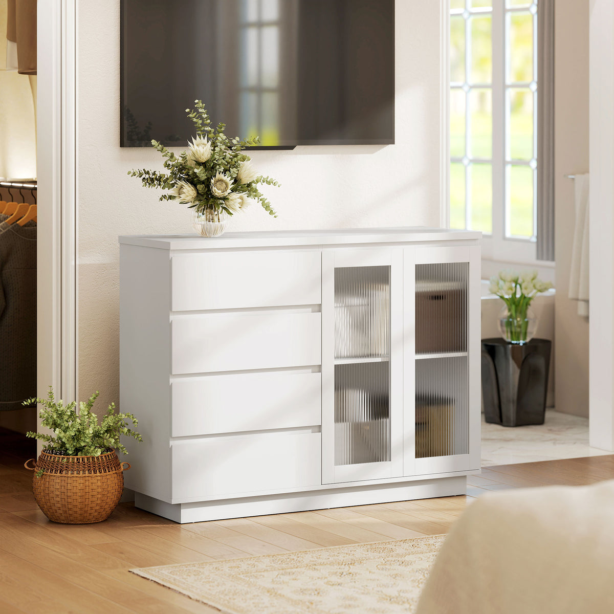 Buffet salon, meuble de rangement avec 4 tiroirs et 2 portes en verre trempé, étagère réglable, 120 x 40 x 91 cm, blanc-8