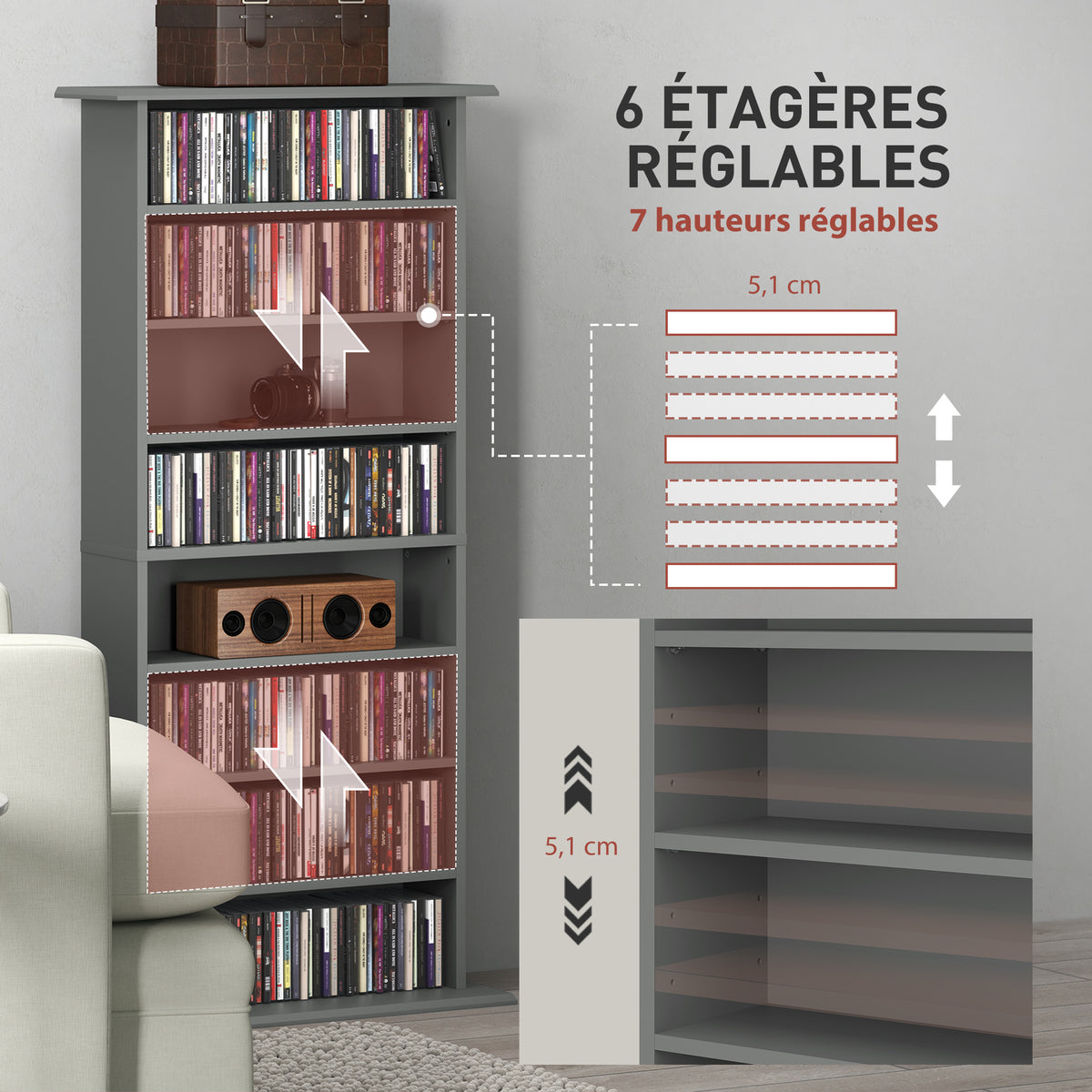 Rangements pour CD et DVD avec 8 compartiments et 6 étagères réglables, capacité max. 360 CD/185 DVD et Blu-ray, gris-4
