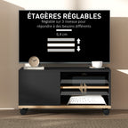 Meuble TV sur roulettes avec 2 Freins - 2 niches + Placard Porte 2 Passe-Fil - en bois Noir chêne Clair-5