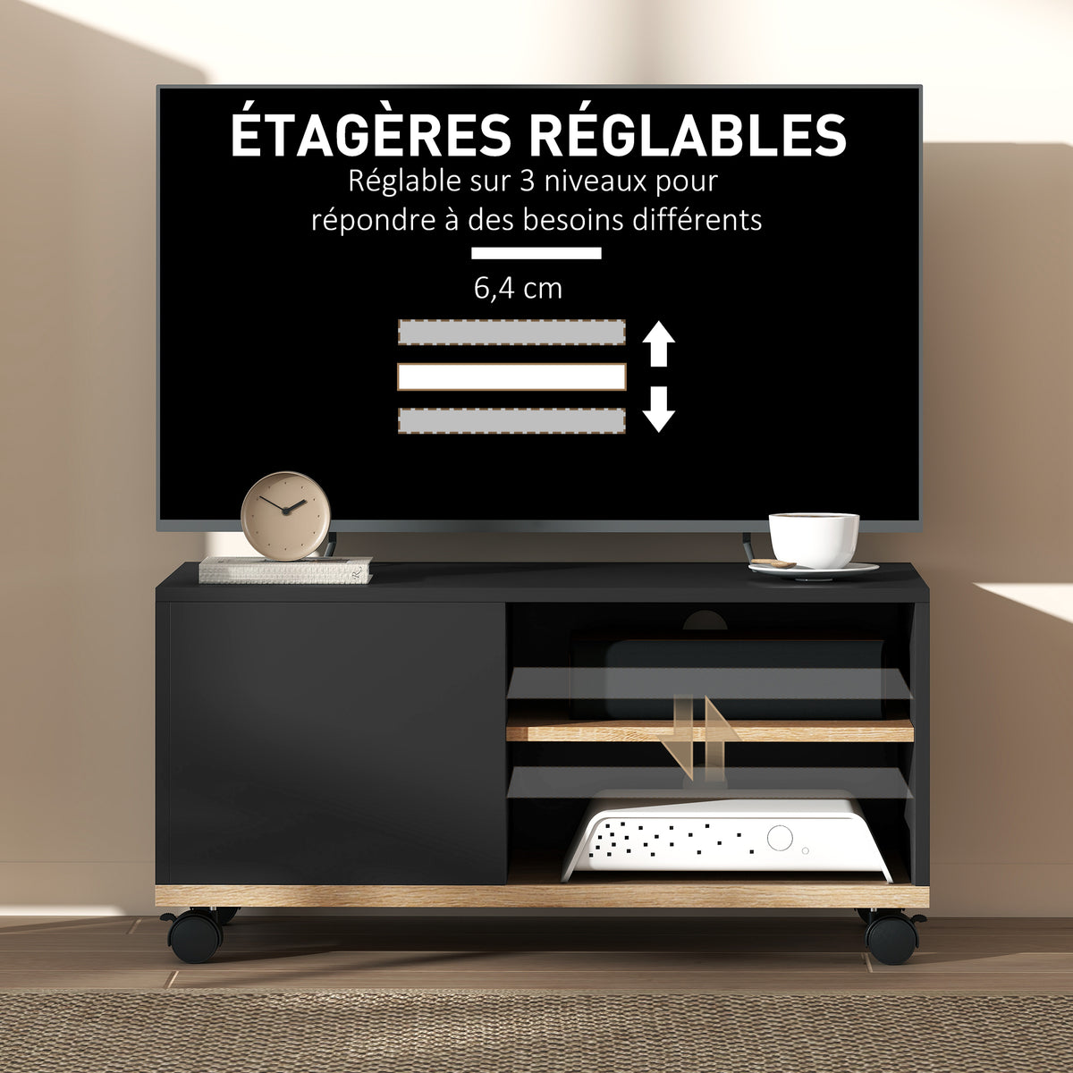 Meuble TV sur roulettes avec 2 Freins - 2 niches + Placard Porte 2 Passe-Fil - en bois Noir chêne Clair-5