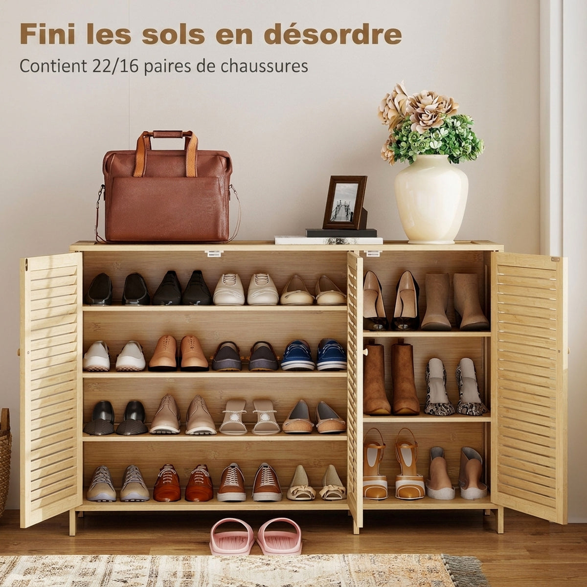 Meuble à chaussures en bambou 18 paires, armoire à chaussures avec portes persiennes et étagères réglables, bois naturel-3