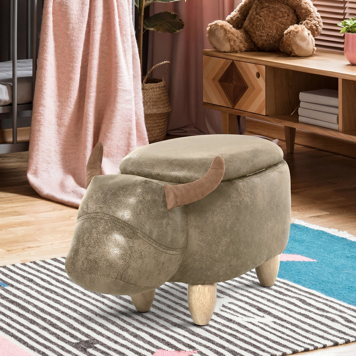 Tabouret Vache - Pouf Vachette - Pouf Taureau Coffre de Rangement 2 en 1 - Pieds Bois d'hévéa revêtement synthétique Aspect Daim Vieilli Marron-8