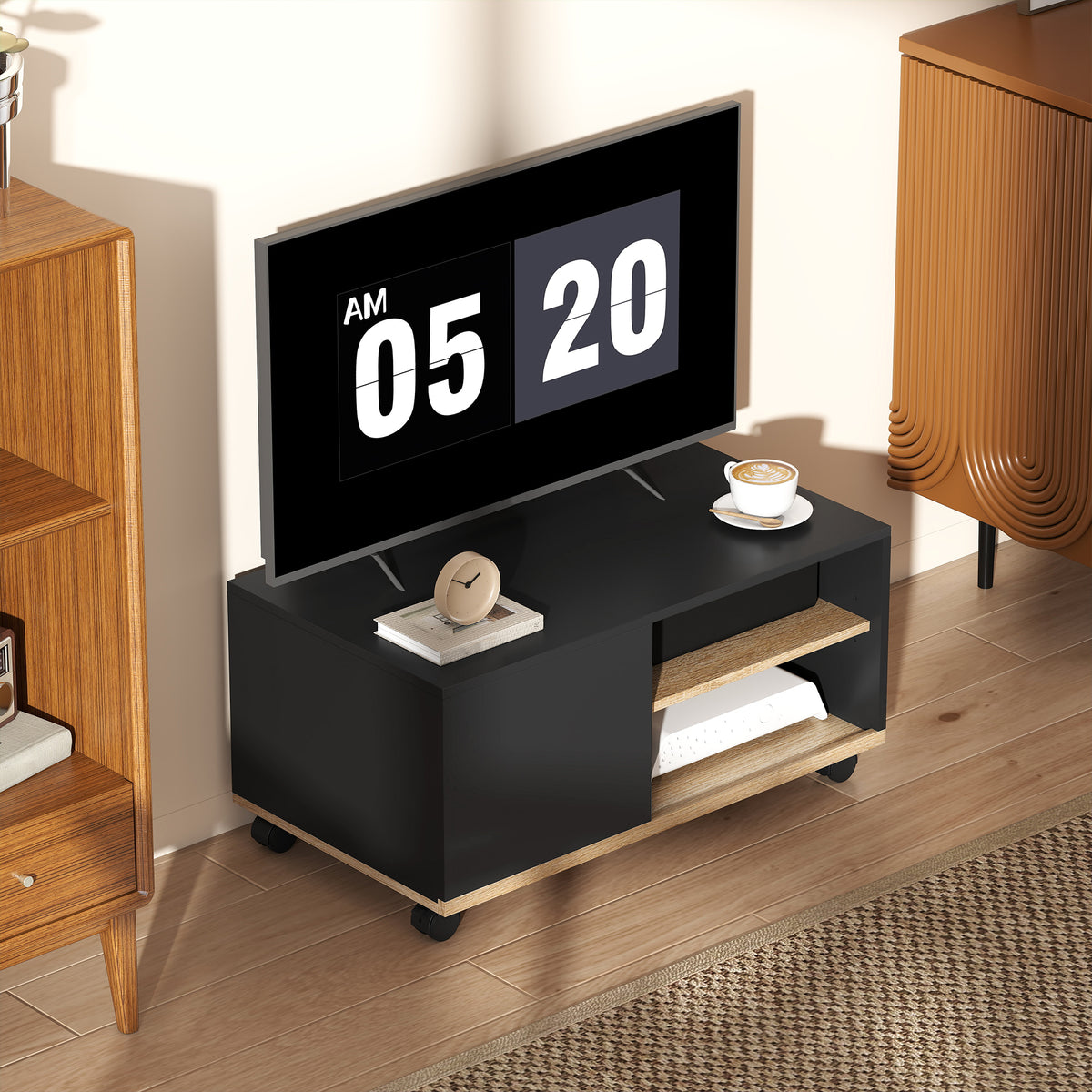 Meuble TV sur roulettes avec 2 Freins - 2 niches + Placard Porte 2 Passe-Fil - en bois Noir chêne Clair-9