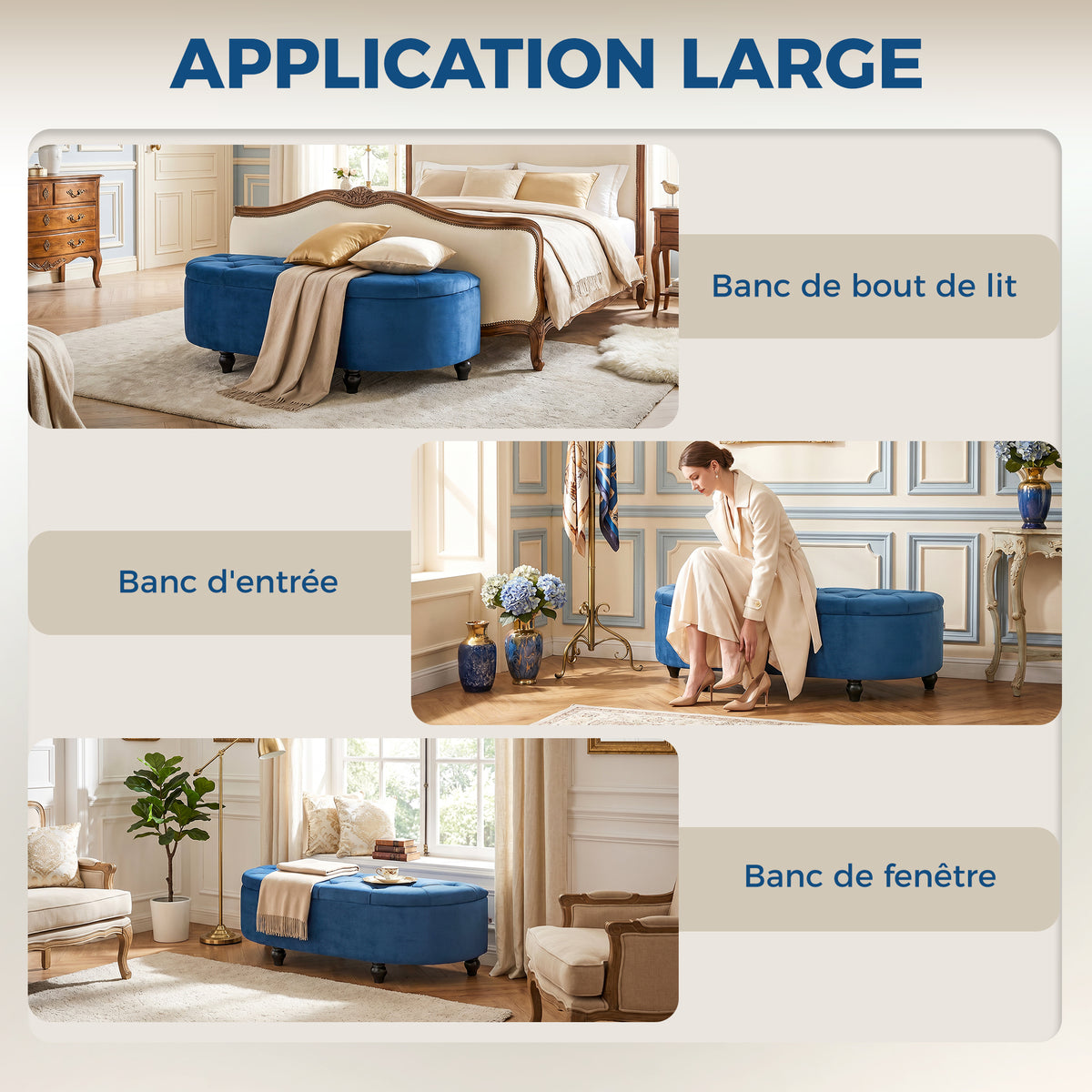 Pouf de Rangement Coffre 2 en 1 - Pouf capitonné Demi-Cercle - Pieds Bois hévéa Noir revêtement Velours Bleu-6