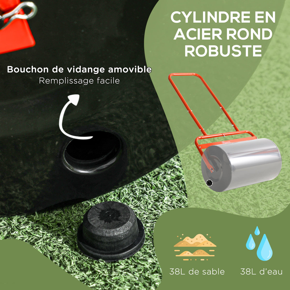 Rouleau à gazon rouleau de jardin 50 cm, remplissage sable eau, poignée ergonomique, outil de jardinage pour pelouse, patio et parc, rouge et noir-3
