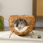 Niche pour chat lit pour chat panier chat maison de chat en rotin coussin épais Ø 40 x 32 cm marron clair-1