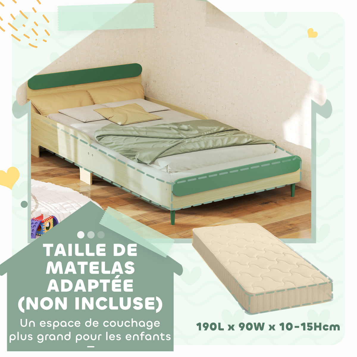 Lit pour enfant lit au sol enfant de 3 à 10 ans avec barrière de sécurité, sommier à lattes inclus, vert-3