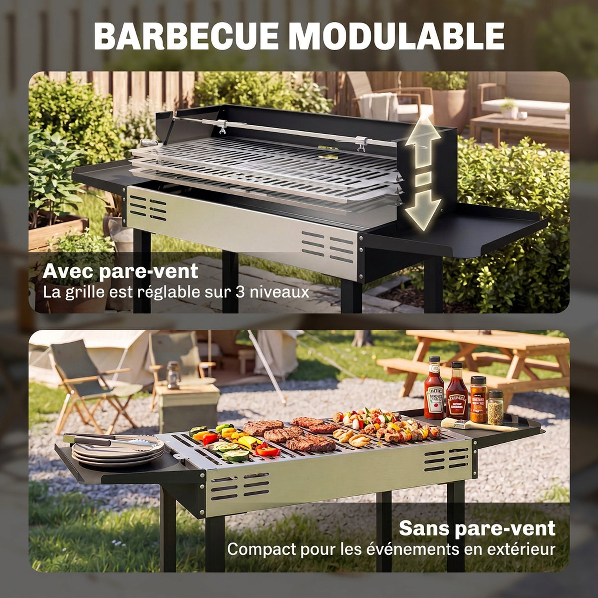 Barbecue charbon de bois BBQ avec grille de gril à 3 niveaux et étagères latérales pliables, 118 x 32 x 90 cm, noir-4