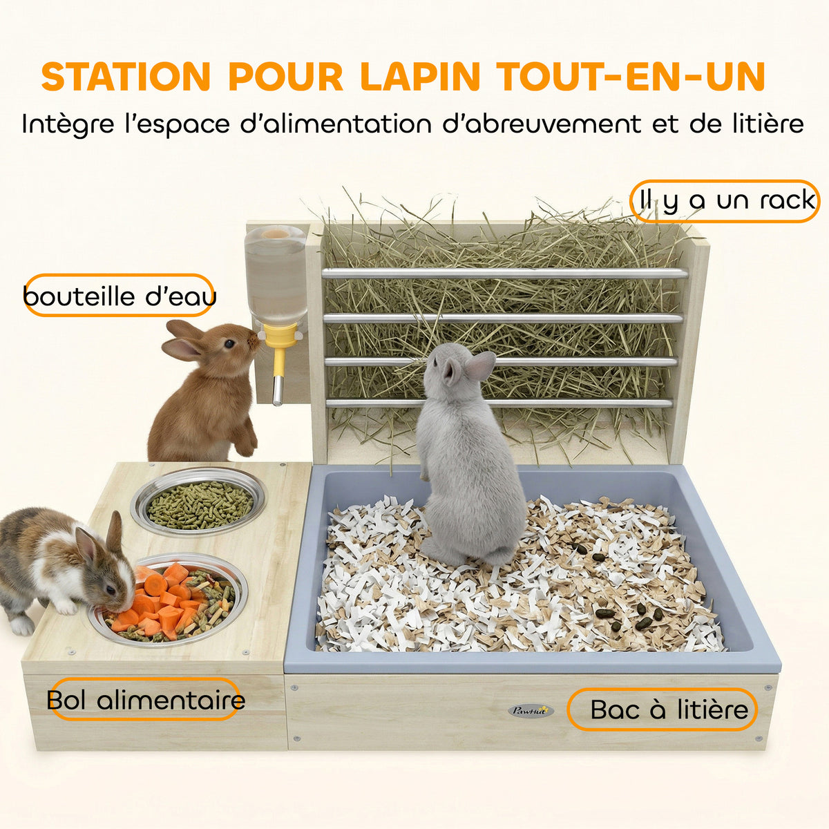 Râtelier à Foin en Bois pour Lapin Mangeoire Lapin 3 en 1 avec Bac à Litière et Bouteille d'Eau 58x40x32cm Bois Naturel-3