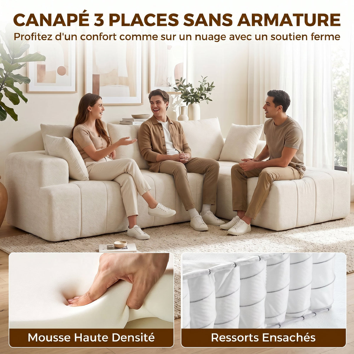 Canapé d'angle 256 cm avec méridienne, canapé-lit 3 places en chenille forme de L, assise et accoudoirs larges, beige-3