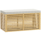 Banc de rangement, coffre de rangement rembourré en tissu aspect lin, couvercle et structure en bambou, gris et naturel-0