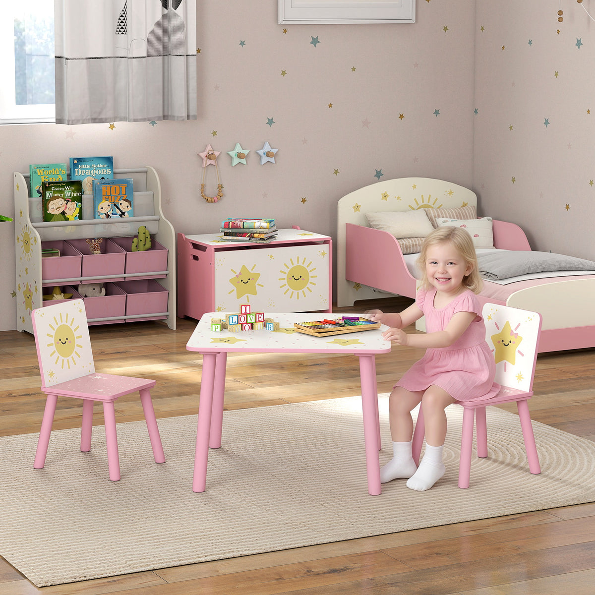 Table enfant avec chaise, ensemble table et 2 chaises enfant en bois, motifs d'étoile, 60 x 60 x 44 cm, rose-1