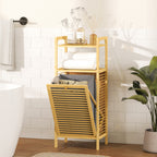 Meuble de rangement en bambou meuble de salle de bain étagère panier à linge basculant 40x30x95cm effet bois naturel-9
