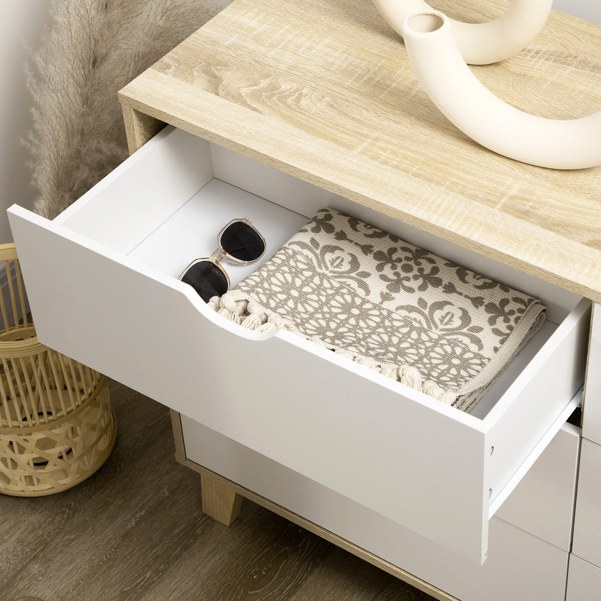 Commode 6 tiroirs style scandinave, meuble de rangement - dim. 120l x 40P x 76H cm, chêne et beige-7