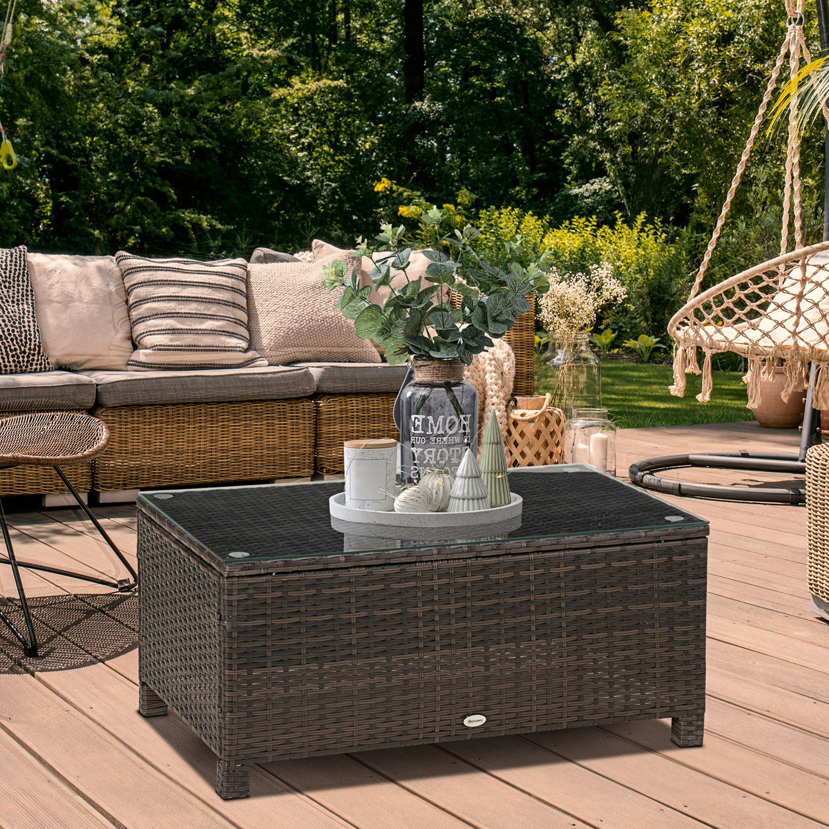 Table Basse de Jardin Plateau Verre trempé 5 mm rotin tressé 85 x 50 x 39cm Max. 50 kg Marron-9
