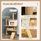 Arbre à chat tour de jeux pour chat, platesformes, niche, lit, hamac, échelle et griffoirs en jute 60x40x130cm jaune-4