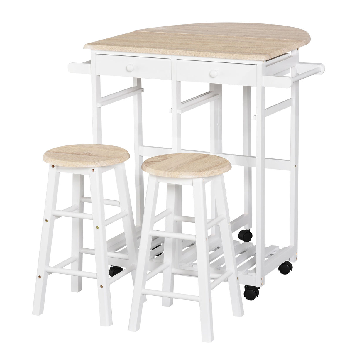 Ensemble Table de Bar Pliable sur roulettes avec étagère et 2 tiroirs + 2 tabourets Bois pin MDF Blanc chêne Clair-0