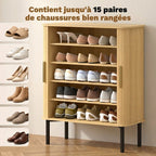 Meuble à Chaussures 5 Niveaux 15 Paires avec Portes Coulissantes, Étagères Réglables, 78x38x95,2cm, Chêne-3