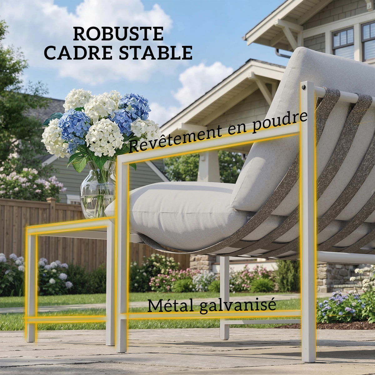 Salon de Jardin Extérieur 2 Pièces, Canapé avec Coussins, Table Basse en Verre Trempé Marbré 3D, 125x80x64cm, Gris Clair-5