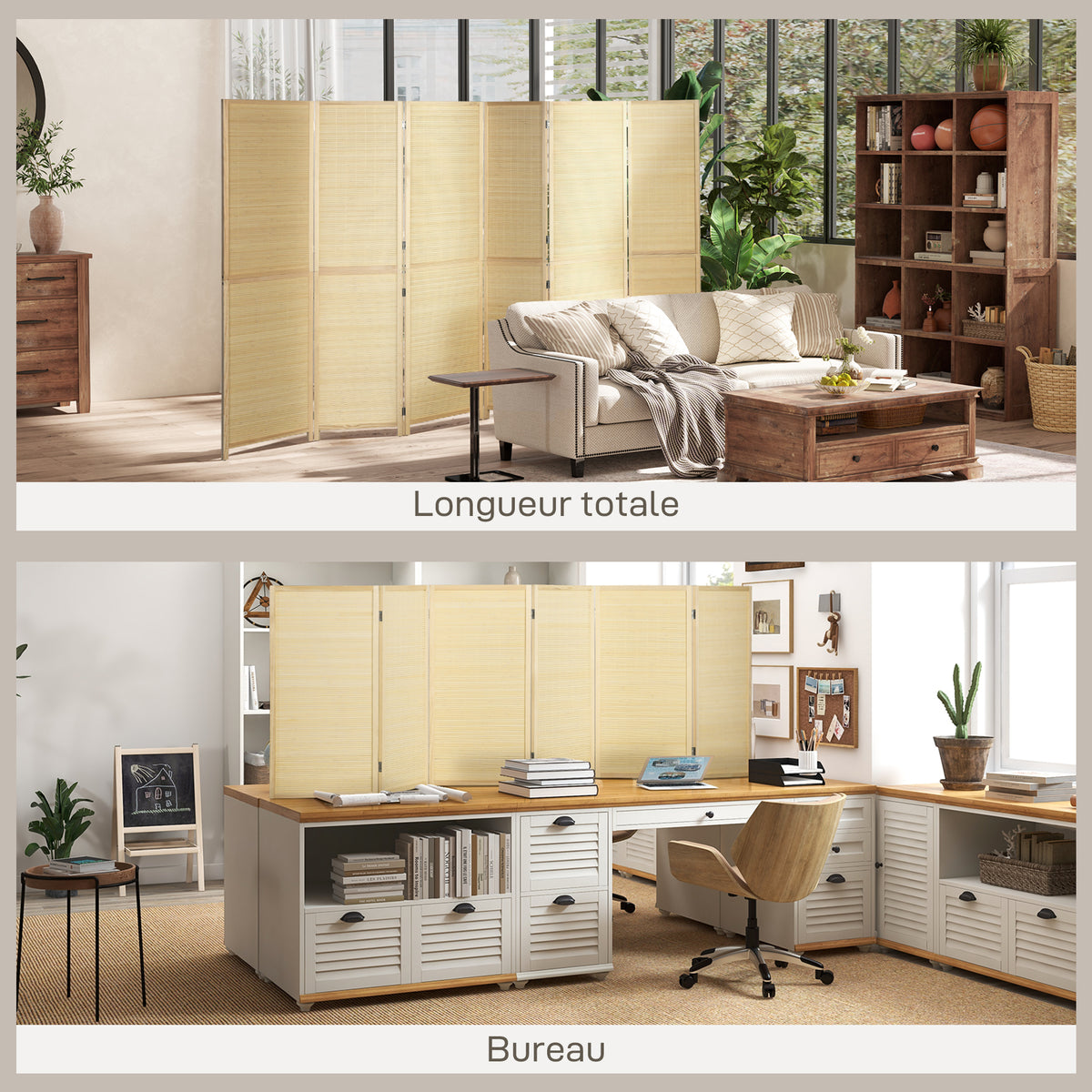 Paravent en bois de bambou 6 panneaux 270 x 180 cm séparateur de pièce cloison de séparation pliable - naturel-3