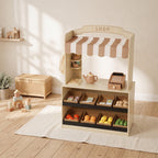 Marchande Enfants en Bois, Caisse Enregistreuse, Aliments Factices, Tableau à Craie et 61 Accessoires, pour 3 à 8 Ans-1